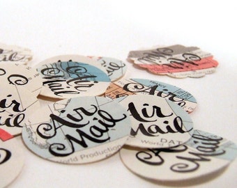Air Mail Stickers, Package of 20 Airmail Envelope Seals, Vintage Map Calligraphy Stickers