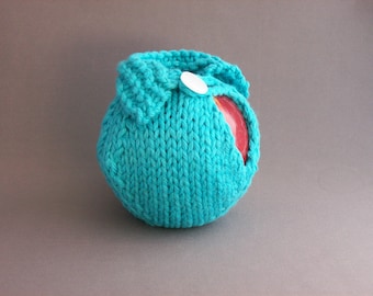 Apple Cozy Jacket/Sweater Handknit Cotton Aqua Blue Turquoise Crocheted White Button Loop Teacher Gift under 20.