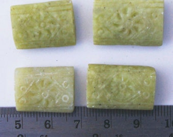 Serpentine Bead: Hand Carved Chiclet Flower, Olive Green