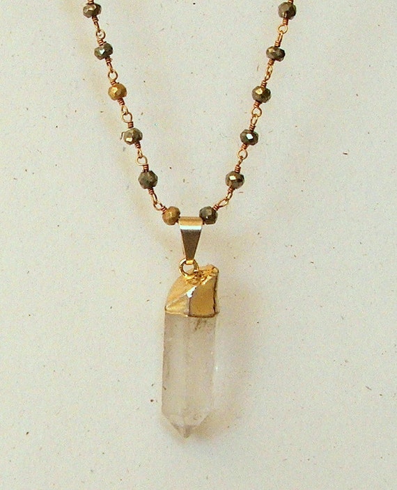 Crystal Point, Gold Cap, Long Pyrite Necklace, Quartz Pendant, Long Chain Necklace, Boho,  Wire Wrapped,  Rosary Pendant