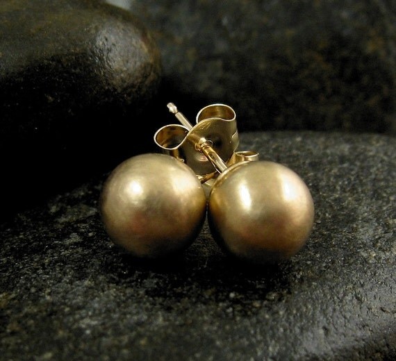 Brushed Gold Stud Earrings. 14k Karat Yellow Gold Post