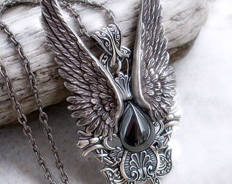 Mens Wings Pendant Silver Hematite necklace Large Statement Pendant womens unisex steampunk jewelry