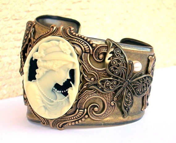 Victorian Gothic Cuff Bracelet Cameo Filigree Butterflies Victorian Gothic Jewelry Large Brass Bracelet Cuff romantic gift statement cuff by Aranwen steampunk buy now online