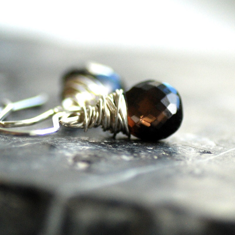 Chocolate Brown Smoky Quartz Gemstone Earrings Wire Wrapped