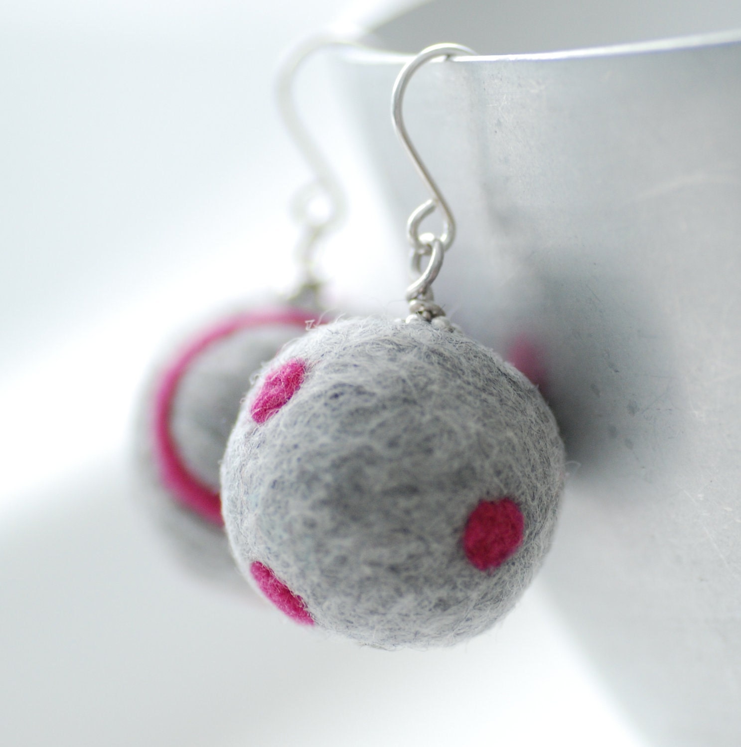 Hot Pink and Grey Felted Wool Earrings Felted Bead Earrings