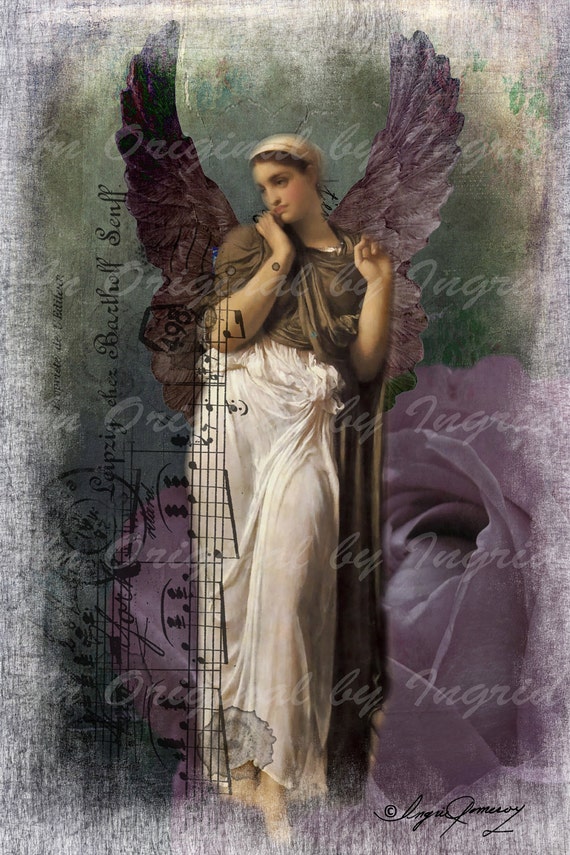 Angel in Lavender Digital Collage Greeting Card (Suitable for Framing)