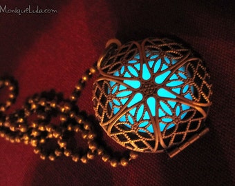 Aqua Glow in the Dark Mystic Antiqued Brass Filigree Glow Locket®