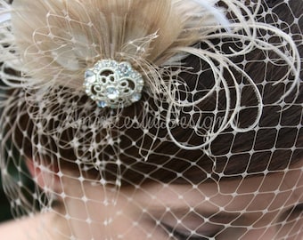 As Seen in Style Me Pretty - Champagne Birdcage Veil with Feather Fascinator - Made to Order