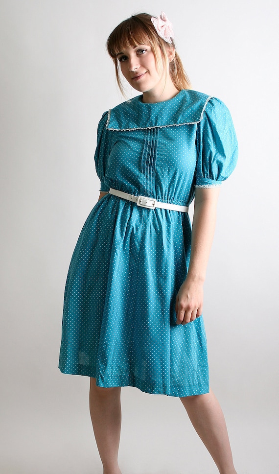Vintage Polka Dot Dress 1980s Turquoise Dress Dolly Teal by zwzzy