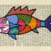 Pink Harlequin Fish Folk Art original painting antique book page Patchwork Quilt checker board and polka dots