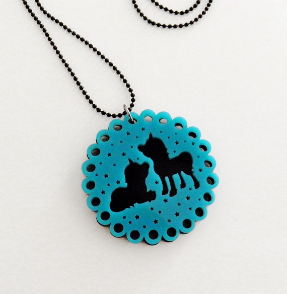 Unicorn Necklace Acrylic AQUA Black Laser Cut Pendant with