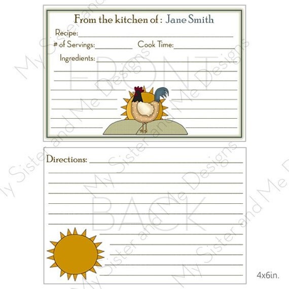 Items similar to Set of 12 Personalized Country Rooster Recipe Cards on ...