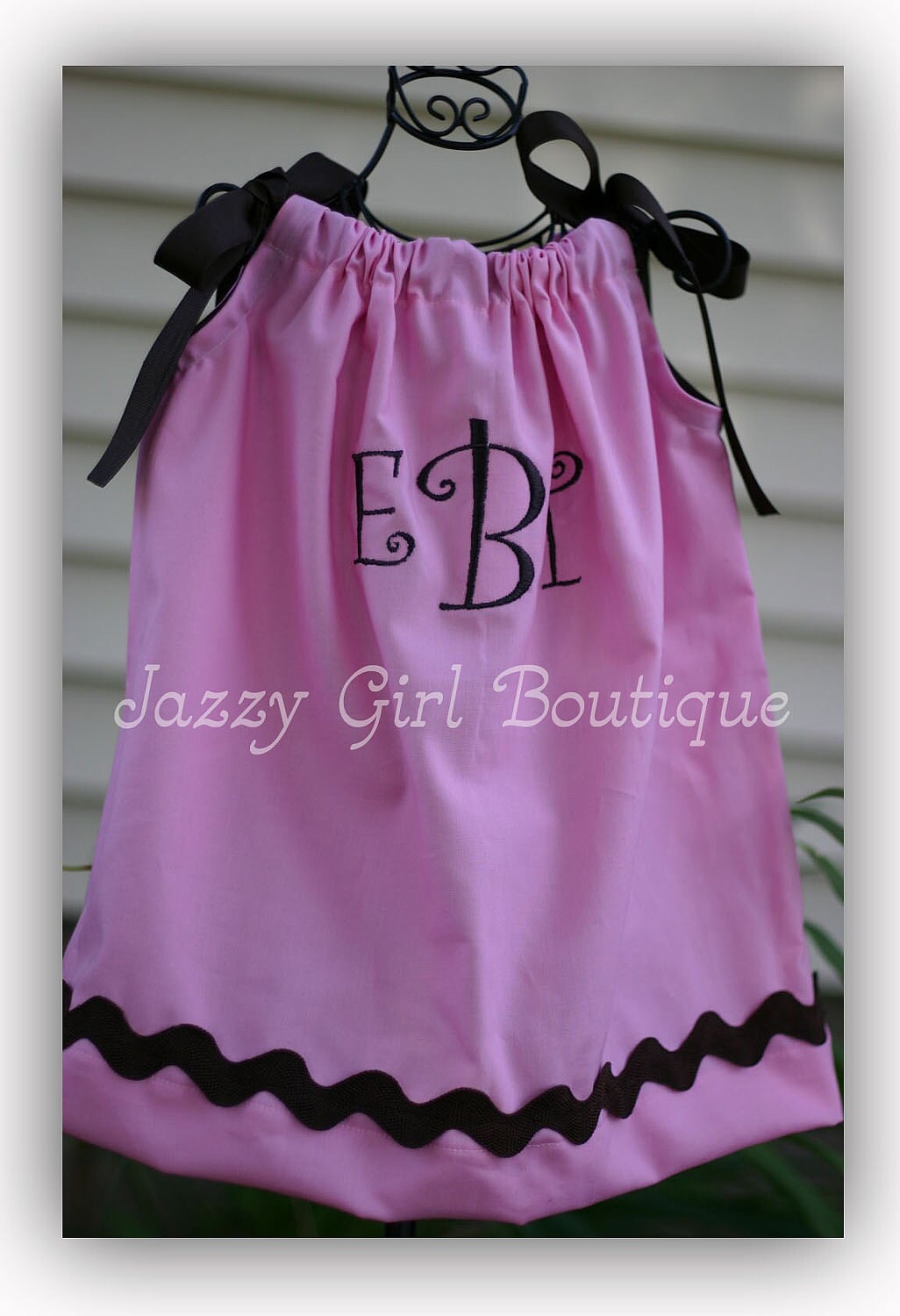 Girls Monogrammed Pillowcase Dress Pink with Brown Ric Rac