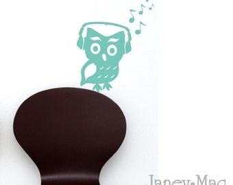 Owl Wall Sticker Decal - Owl with Headphones Wall Decal - Woodland Owl Nursery Wall Decal Sticker Decor - TR100C