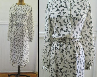 1980s White and Black LANVIN Secretary Dress - vintage size 16, large to extra large l/xl