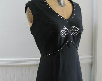vintage 1960's Black Maxi Party Dress with MOD Rhinestone Bow - size large to extra large, l/xl