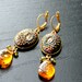 Peridot cz earrings with Fiery gold speckled czech glass and clay details in gold fill earrings - Autumn Fire