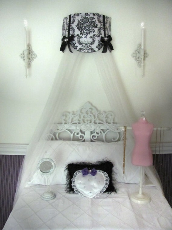 Cornice Teester Bed Crib Crown Canopy Swag Suzette Damask White and ...
