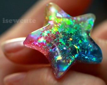 Bright Rainbow Star Ring ...Catch a Falling Star Like Mermaid Treasures ...rainbow glitter resin jewelry handmade by isewcute