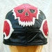 Leather SKULLcap Black/ Red Flames w/ Pearl White Details