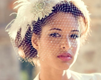 Birdcage Veil, Feather Fascinator, Bridal Hair Accessory, Head Piece, Wedding Veil, Swarovski Crystal, Flower, Blusher Veil, Ivory White