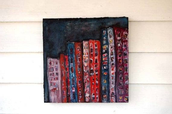 Acrylic Mixed Media Painting Abstract Cityscape Dark Moody 1 ft x 1 ft - There is a Place buildings,