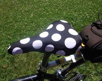 Bicycle Saddle Cover - STANDARD size - Black with White Polka Dots