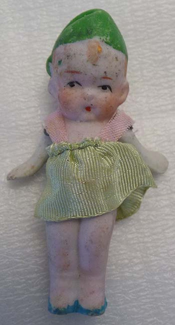 Antique Green Pixie Cupie Pocelain Bisque Penny Doll 1930s