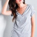 Grey Cotton Vneck Shirt - Vintage Inspired Essential Foldover Sleeve Grey