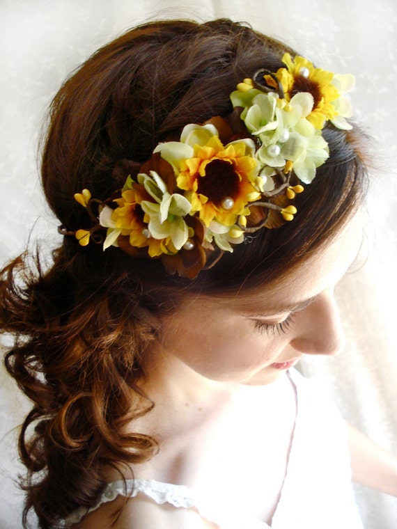 sunflower head wreath yellow flower accessory  bridal  hair 