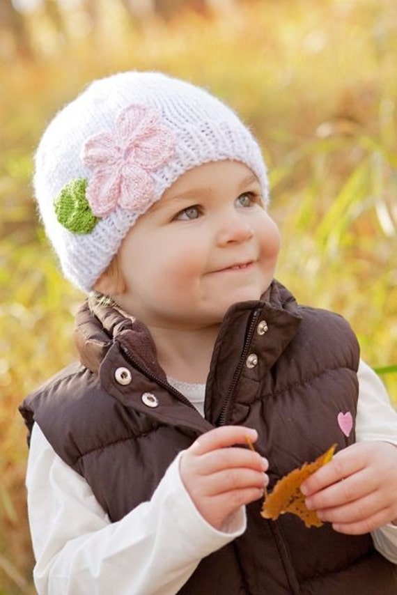 Items similar to White Knit Hat with Pink Flower on Etsy