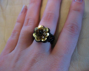 Metallic Gold Sequined Cocktail Ring for Large Finger with black beads