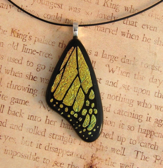 Butterfly Wing Fused Glass Necklace Pendant Yellow