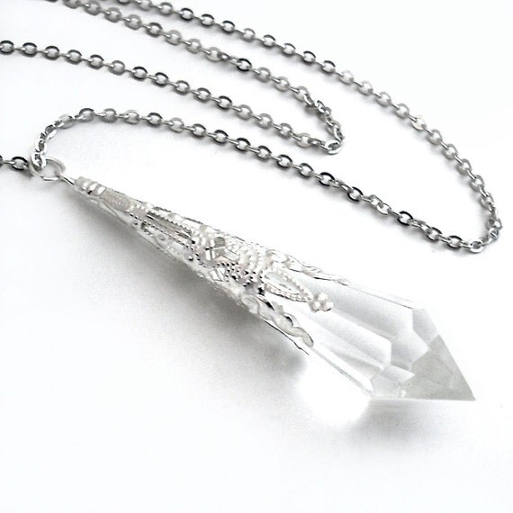 Crystal Clear Prism in Silver Filigree Pendant Necklace