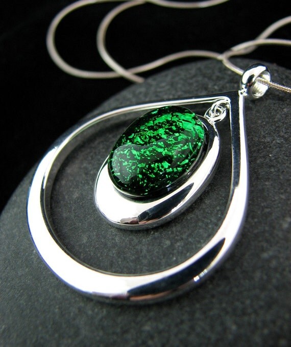 Emerald Green Fused Glass and Silver Teardrop Necklace Ready