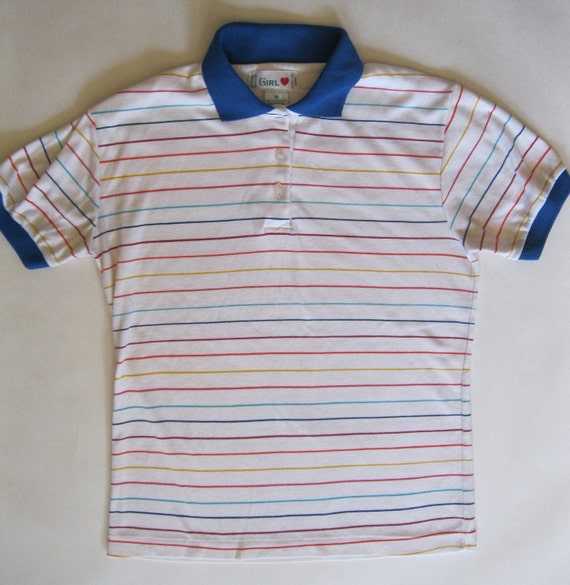 1980's rainbow striped white polo shirt with by afterglowvintage