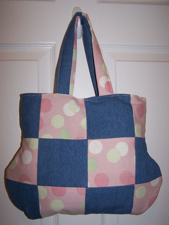 Handmade Quilted Denim Pink Polka Dot Handbag Purse by daisydenims