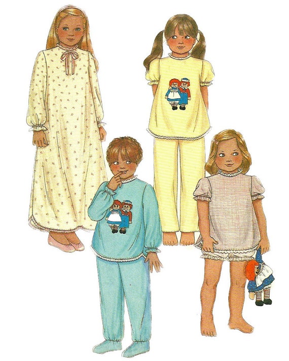 1980s McCalls 7730 Girls Nightgown and Footed Pajamas Pattern Quick and Easy Childs Vintage Sewing Pattern Size Small  Breast 23 25
