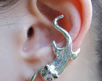 Silver Ear Cuff Cat Ear Cuff Cat Earring Cat Jewelry - Crawling Cat Ear Cuff - Kitty Jewelry Kitty Earring - Ear Wrap - Non-Pierced Earring