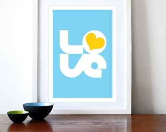 Typography poster print retro love graphic design font kitchen art office - Biglove Summer A3 blue yellow