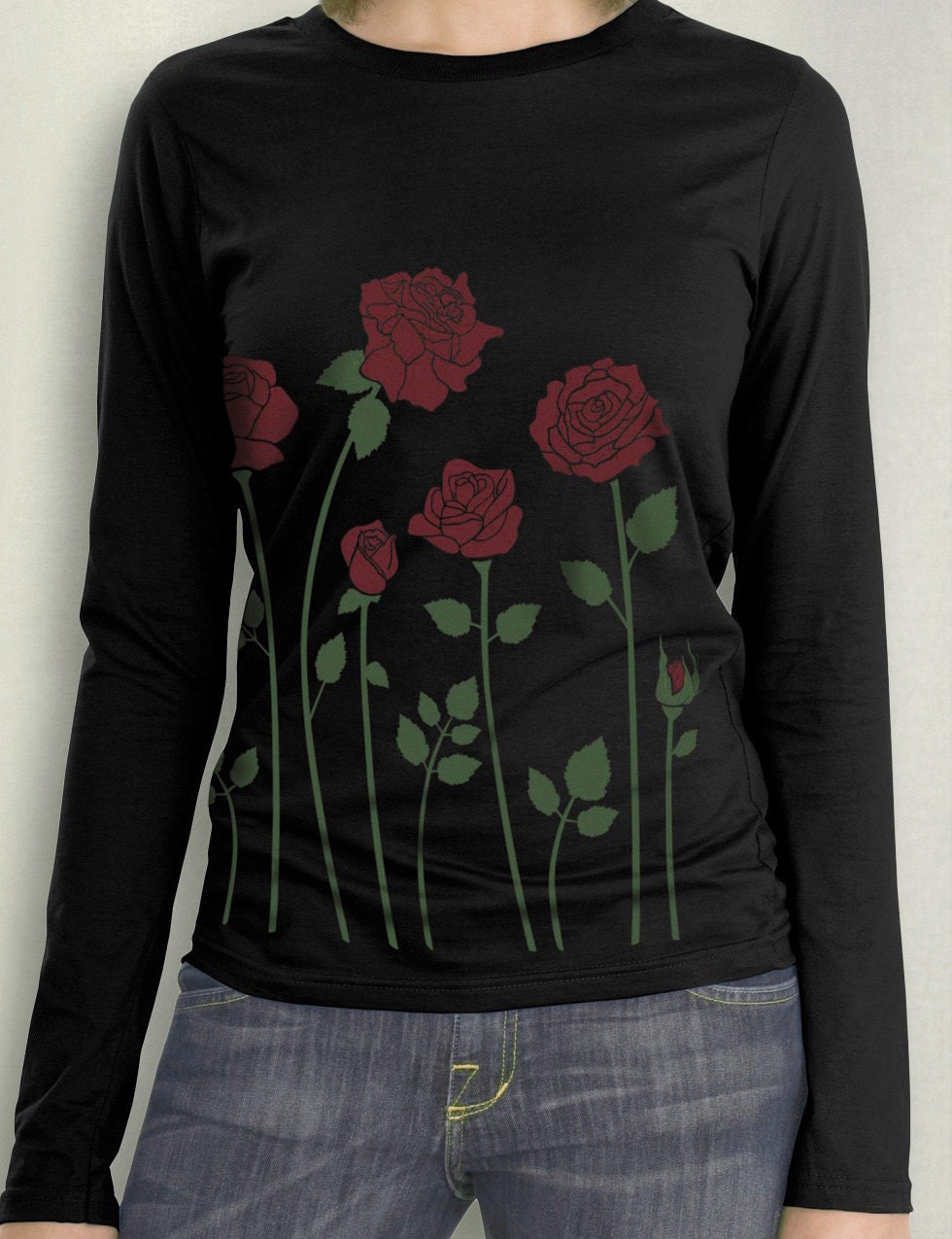 Red Roses Women's Plus Size Long Sleeve Black tshirt