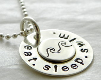 Eat. Sleep. Swim. hand stamped sterling silver necklace