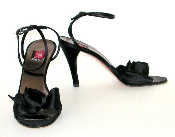 Vintage Anne Klein Peep Toe High Heel Sandal Shoes Black Satin Rose ...