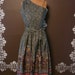 50s Silk Dress Gunmetal Goddess One Shoulder Print Sundress S