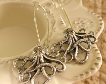 Silver Octopus Earrings Octopus Jewelry Octopi sea creatures dangle earrings unique earrings Pisces Jewelry Nautical beach earrings ocean