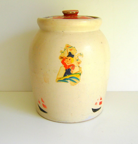 Antique Cookie Crock Nautical Red Lid Cookie Jar