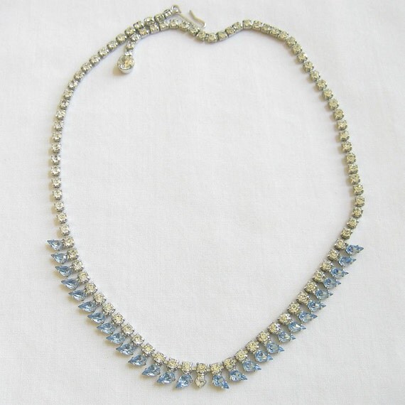 Vintage Clear And Blue Rhinestones Necklace Signed B. David