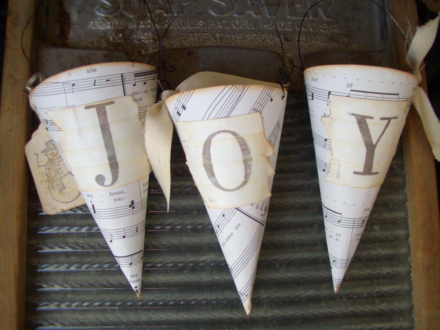 Shabby Primitive JOY Holiday PAPER CONES Tussie Home Decor (Set of 3)