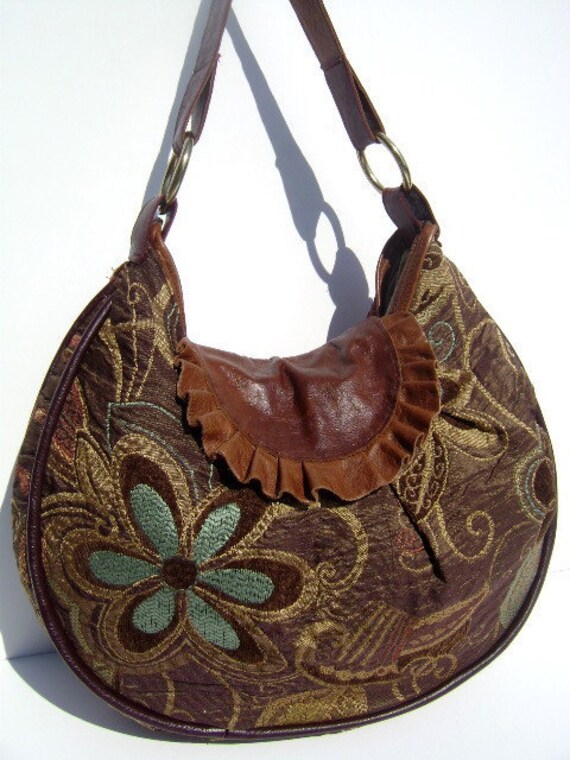 Items similar to Fabric and Leather Circle Hobo Purse on Etsy