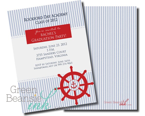NAUTICAL SEERSUCKER GRADUATION Printable Party Invitation - Choose Anchor, Sailboat, or Ship Wheel Printing Available Il_570xn